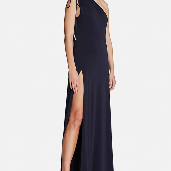 Halston Heritage One Shoulder Navy Jersey Gown - Picture 5 of 9
